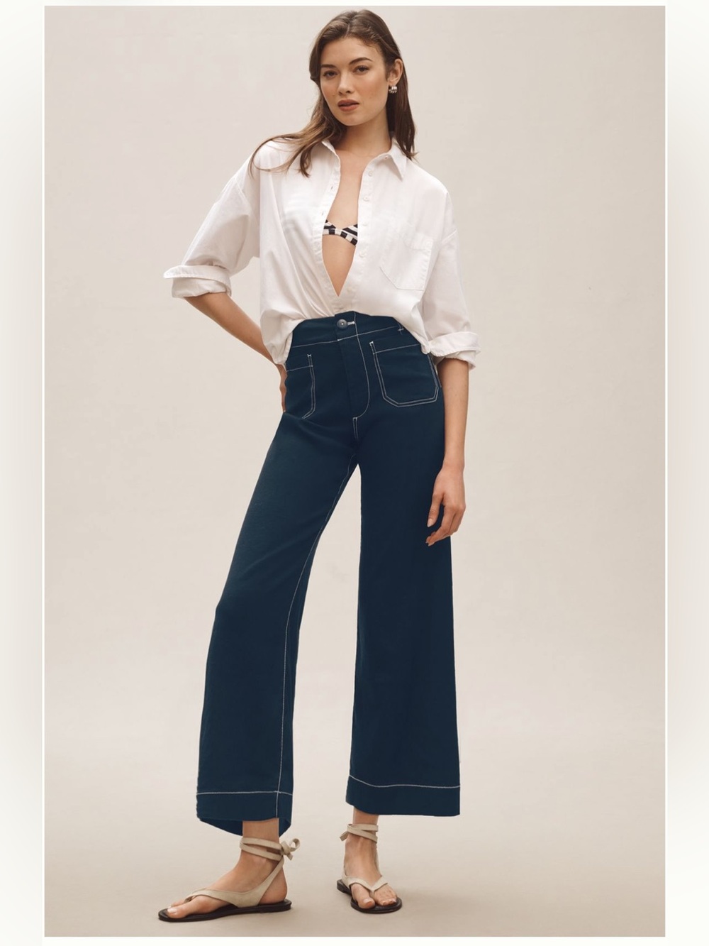 Anthropologie Maeve Colette Contrast Stitch Linen Pant - 31Tall